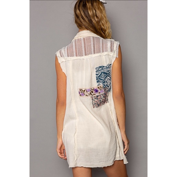 POL Cream Patchwork & Lace Gauze Button Front Vest Dress - Picture 5 of 12